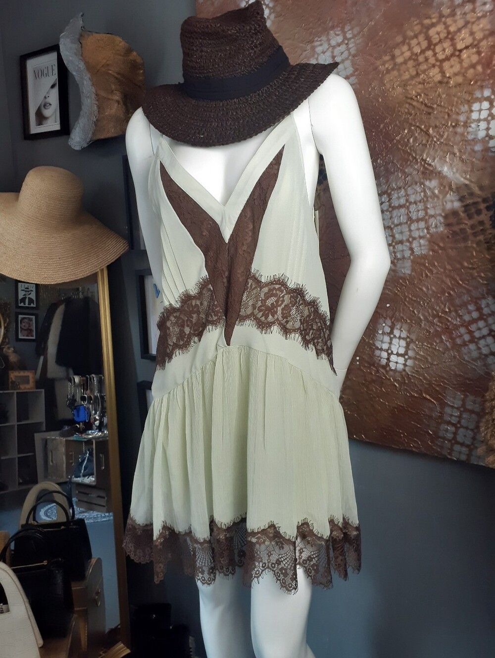Zara Nwt Lace-Trim Chiffon Slip Dress in Pale Green and Chocolate Brown - Picture 16 of 16